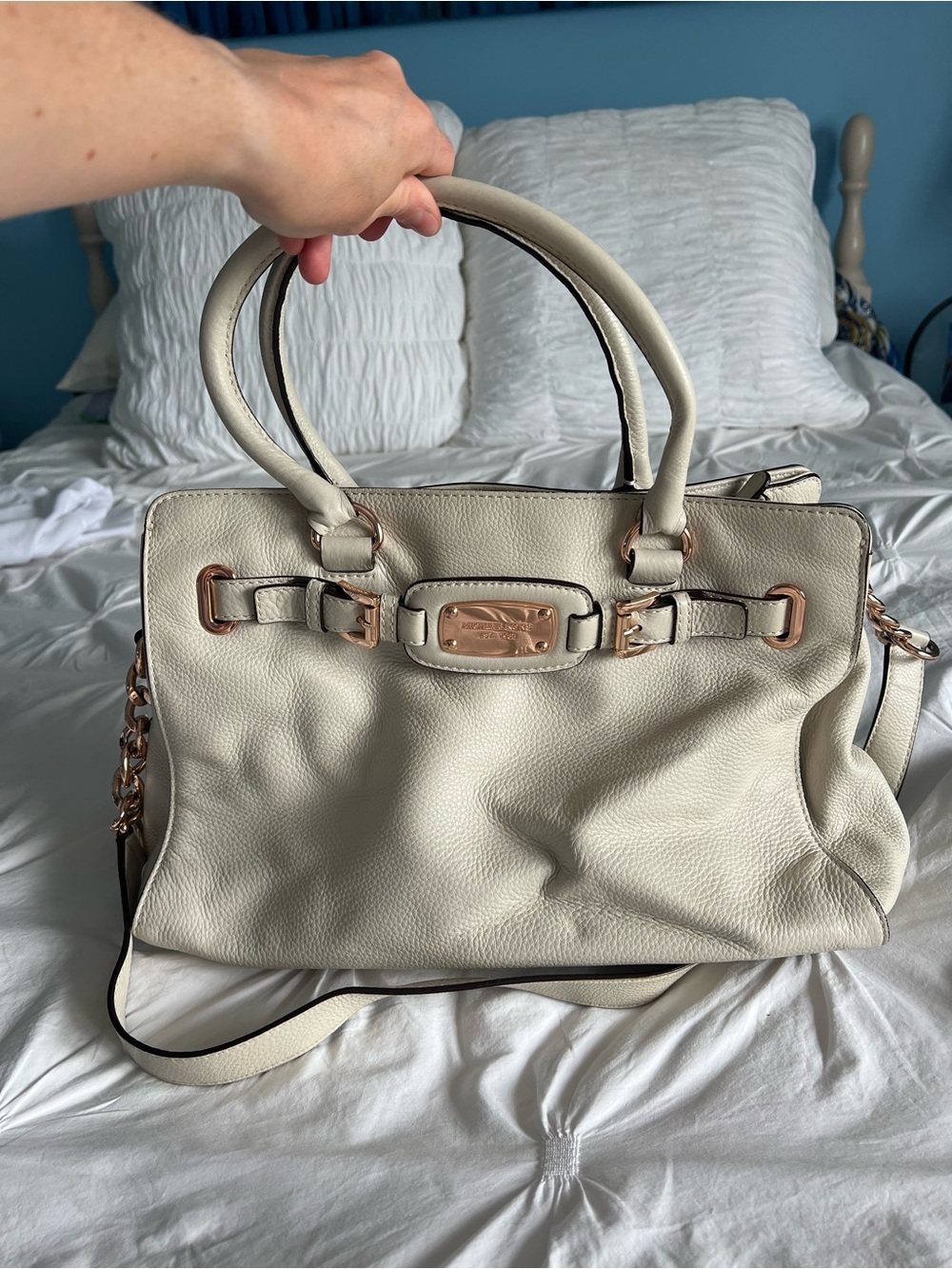 Michael Kors Cream Leather Satchel with Rose Gold Accents